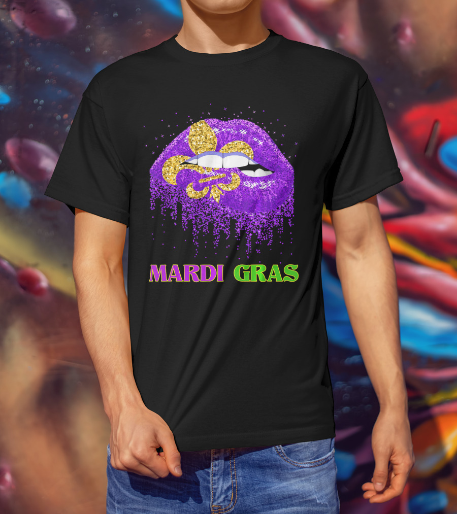 Mardi Gras Costume Funny Lips Glitter Fleur-de-lis T-Shirt