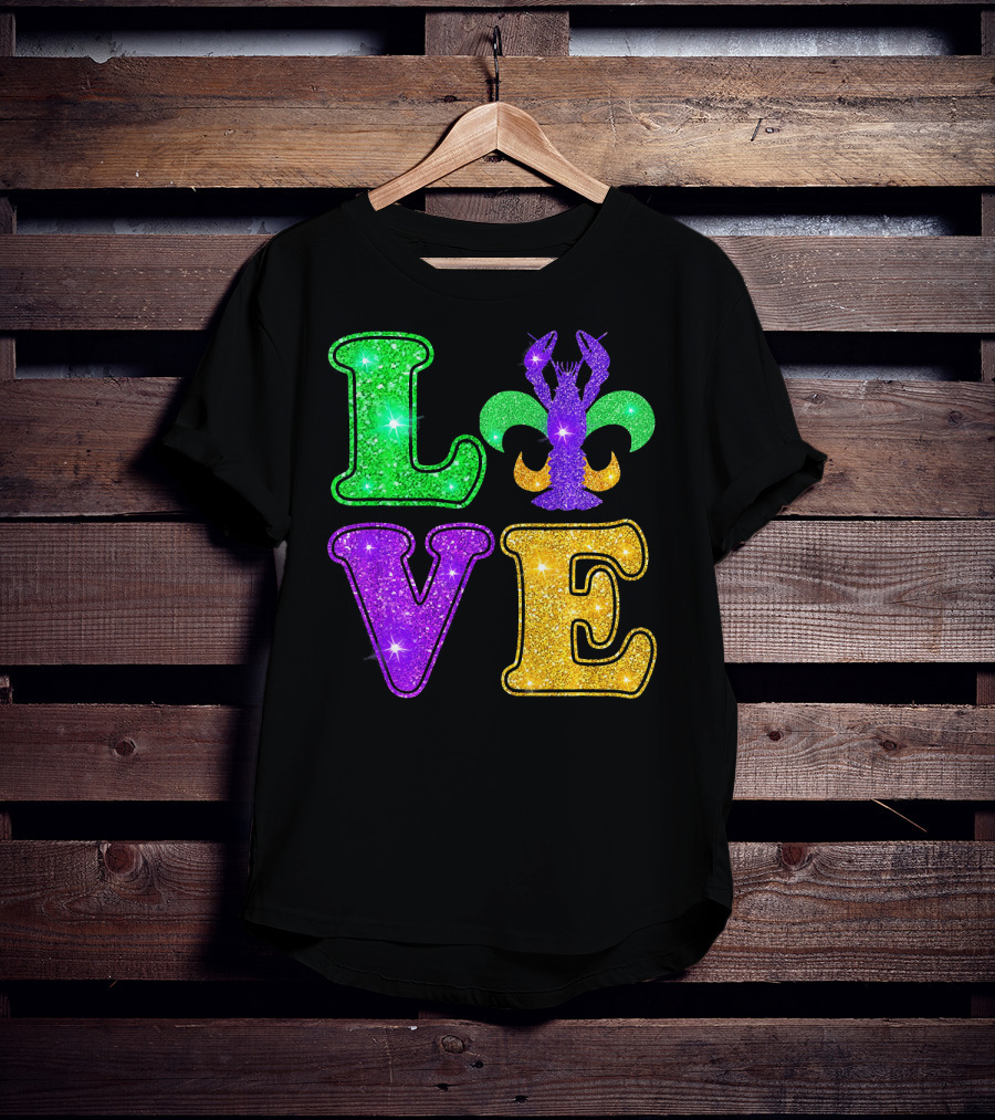 Mardi Gras Love Glitter Fleur De Lis Crawfish T-Shirt