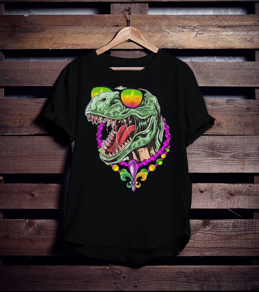 Dinosaur Rex Mardi Gras Beads With Fleur-de-Lis And Sunglasses T-Shirt