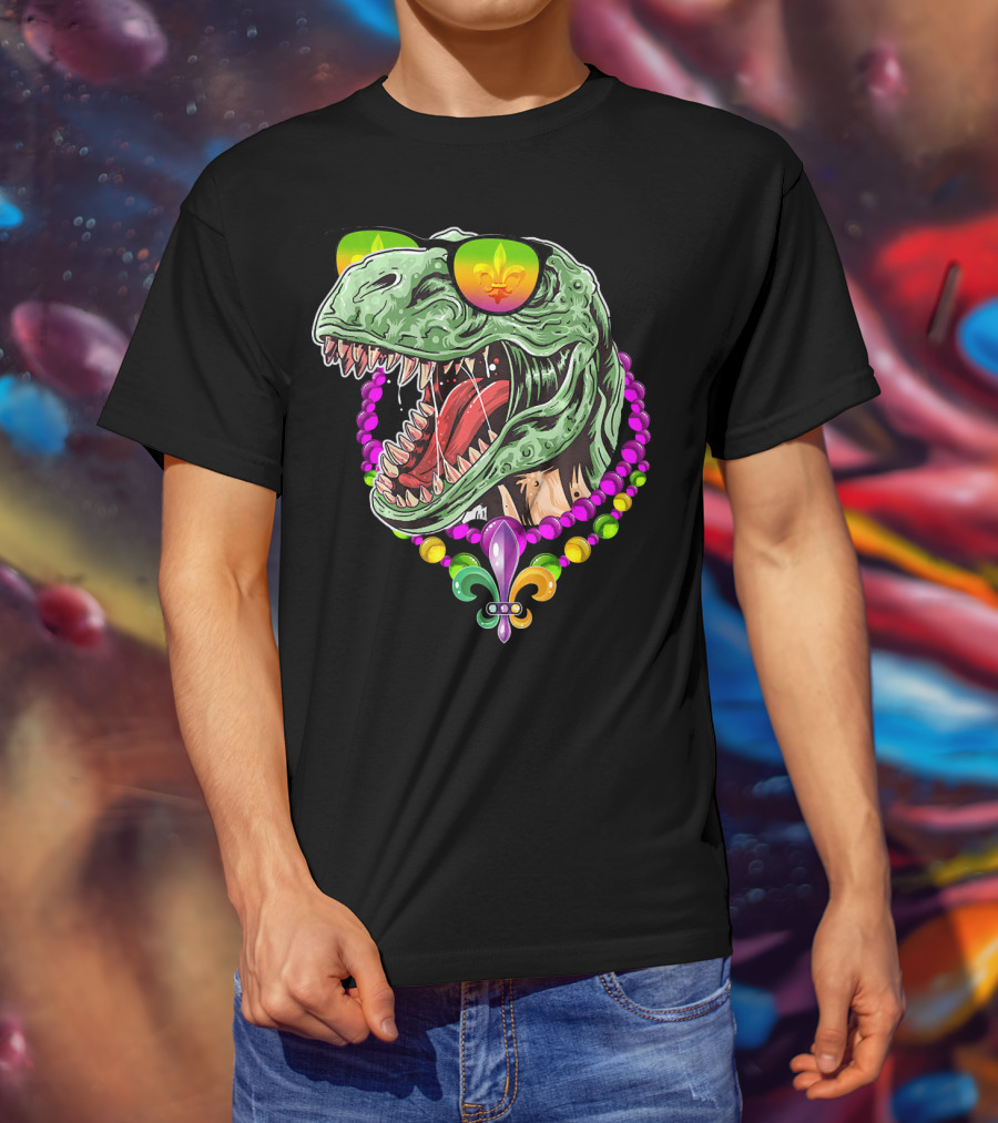 Dinosaur Rex Mardi Gras Beads With Fleur-de-Lis And Sunglasses T-Shirt