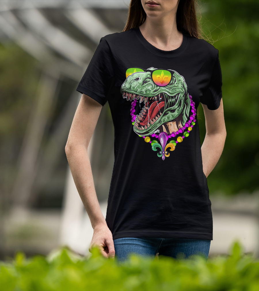 Dinosaur Rex Mardi Gras Beads With Fleur-de-Lis And Sunglasses T-Shirt