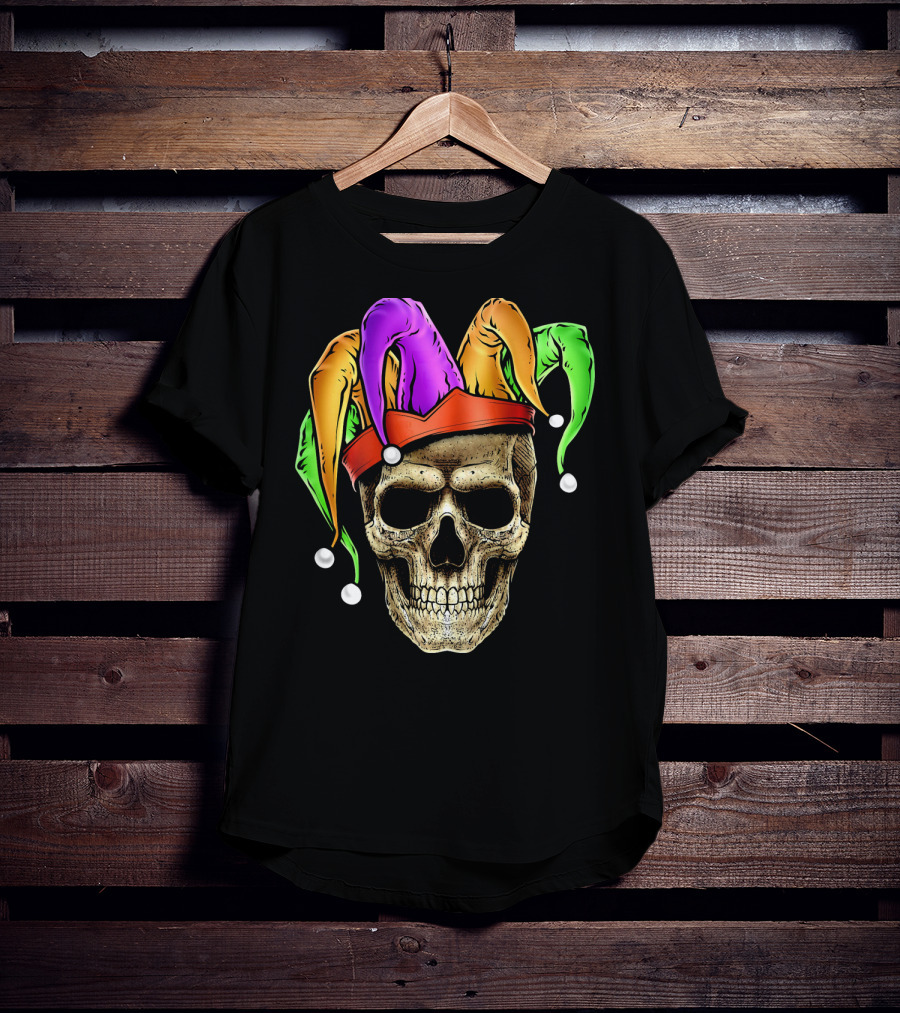 Skull Face Mardi Gras Jester Joker Colorful Hat T-Shirt