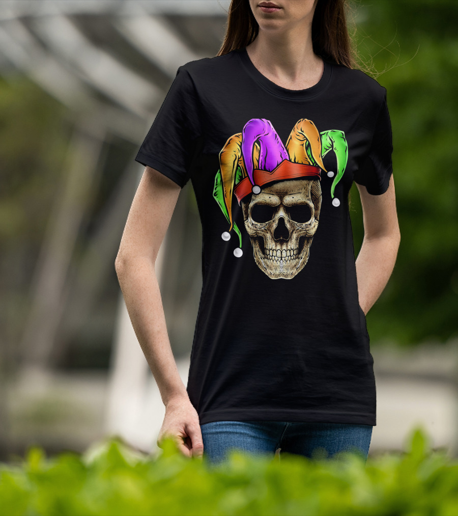 Skull Face Mardi Gras Jester Joker Colorful Hat T-Shirt