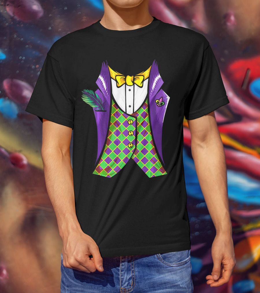Mardi Gras Tuxedo Cool Feather Fleur-de-lis T-Shirt