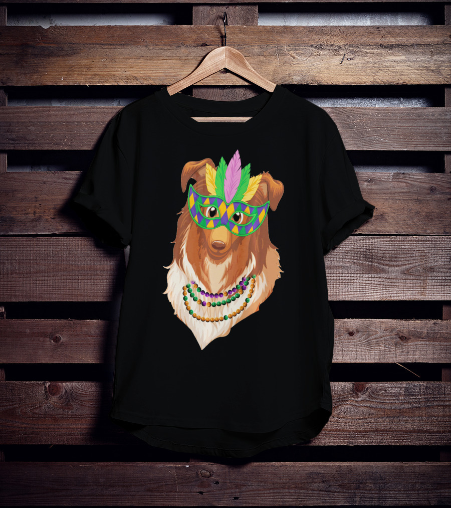 Collie Wearing Mardi Gras Mask And Beads T-Shirt