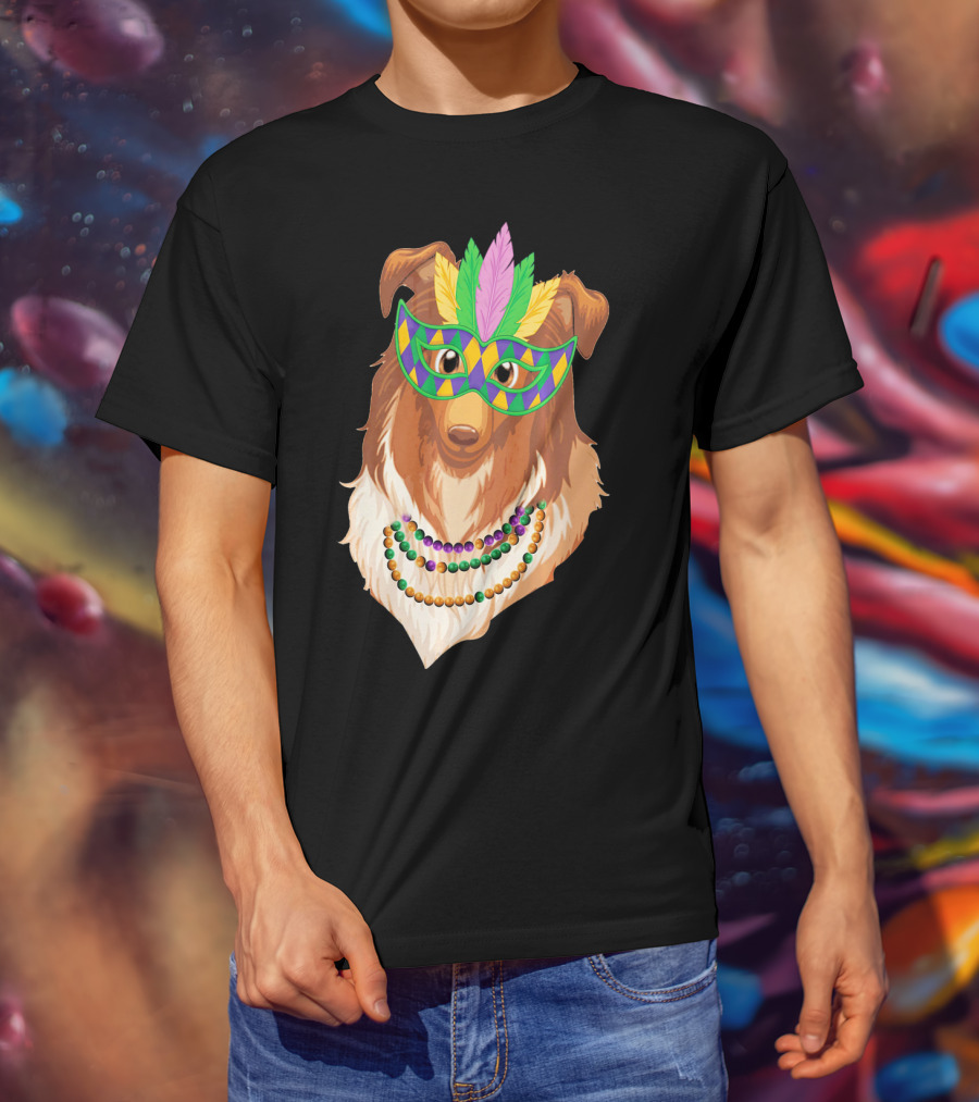 Collie Wearing Mardi Gras Mask And Beads T-Shirt