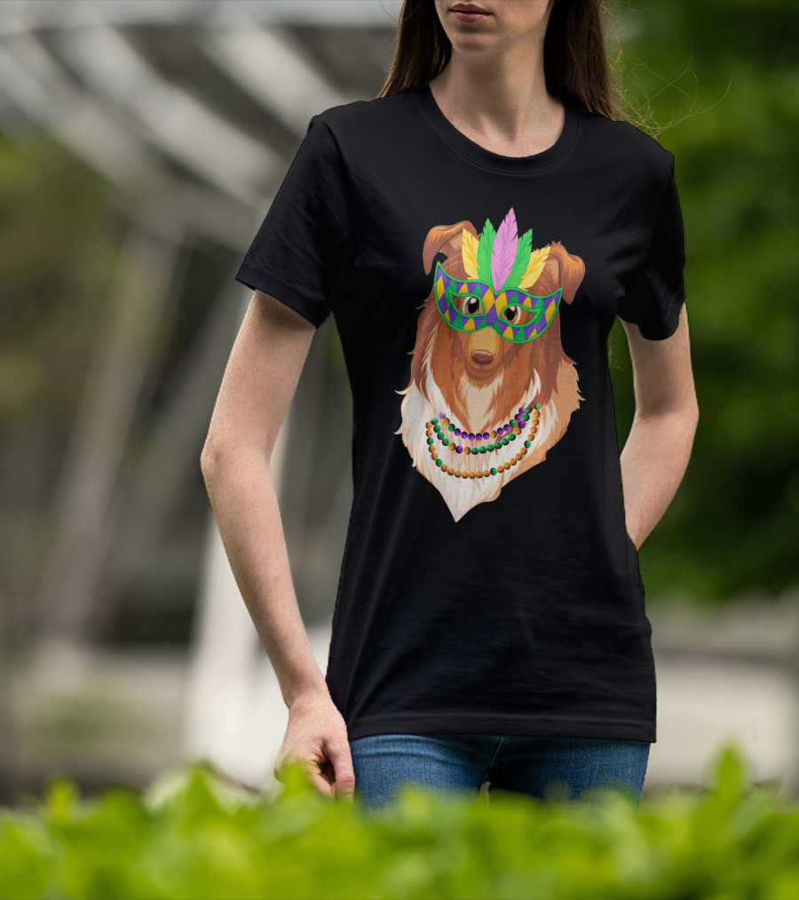 Collie Wearing Mardi Gras Mask And Beads T-Shirt