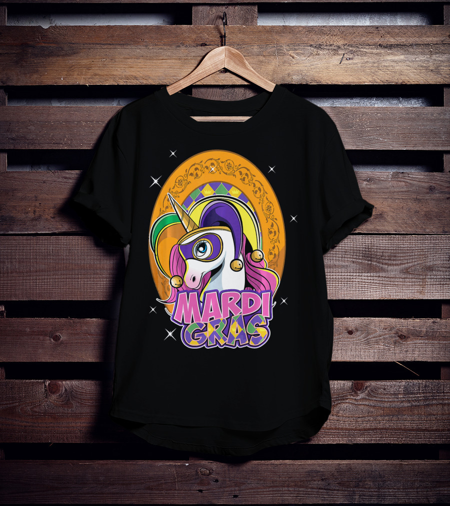 Mardi Gras Unicorn Mask Jester With Colorful Headpiece And Stars T-Shirt