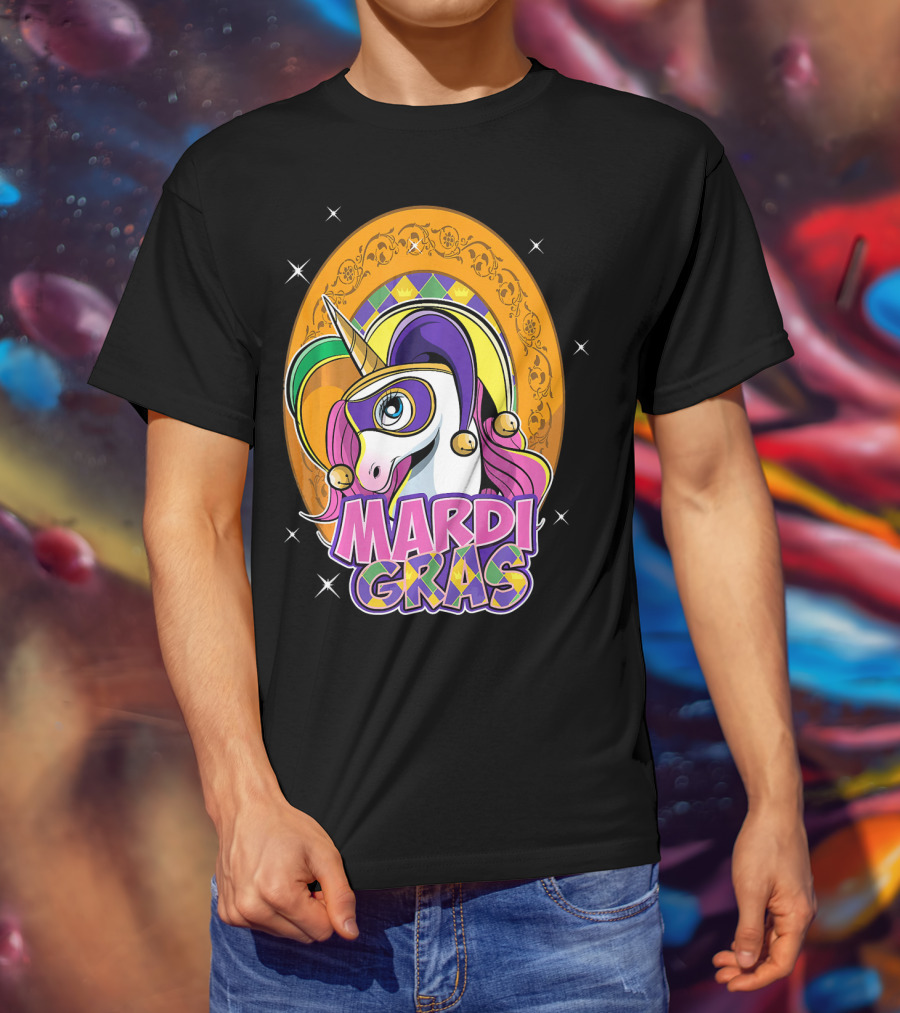 Mardi Gras Unicorn Mask Jester With Colorful Headpiece And Stars T-Shirt