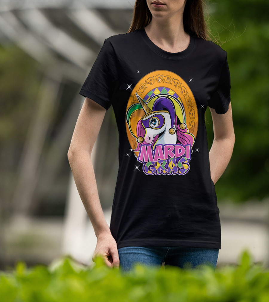 Mardi Gras Unicorn Mask Jester With Colorful Headpiece And Stars T-Shirt