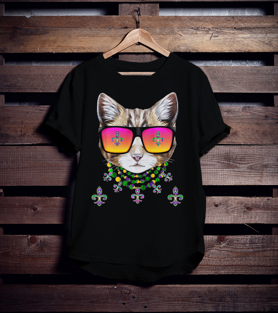 Mardi Gras Cat With Beads And Sunglasses Fleur-de-lis Icons T-Shirt