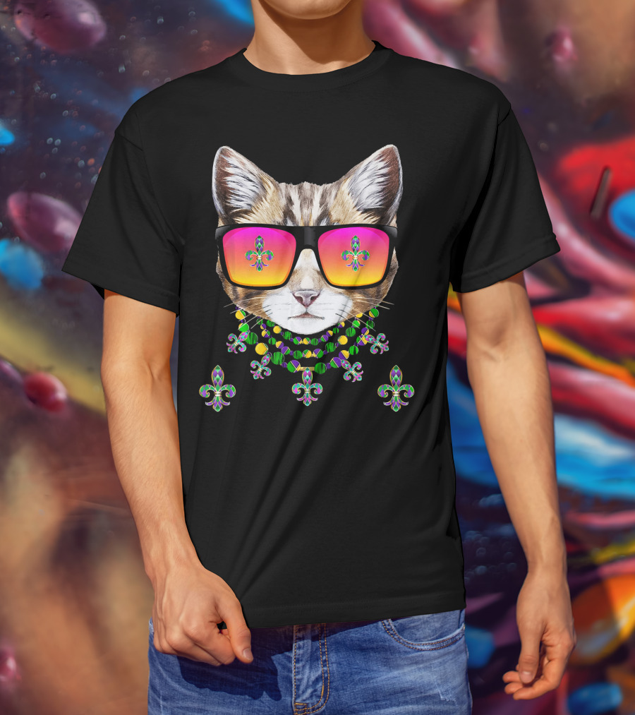 Mardi Gras Cat With Beads And Sunglasses Fleur-de-lis Icons T-Shirt