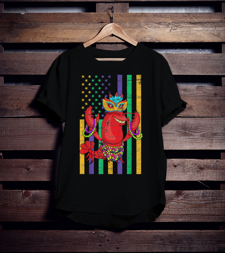 Funny Mardi Gras Crawfish In Bead Jester Hat With Colorful Star Stripes T-Shirt
