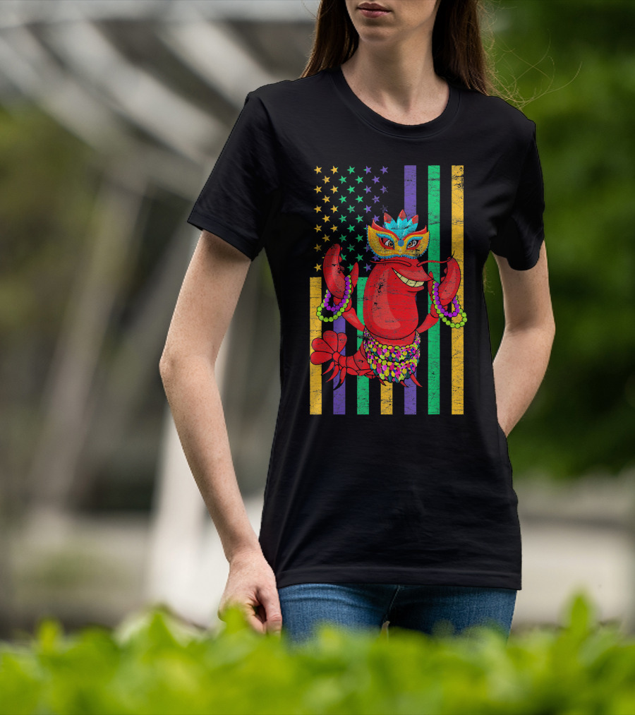 Funny Mardi Gras Crawfish In Bead Jester Hat With Colorful Star Stripes T-Shirt
