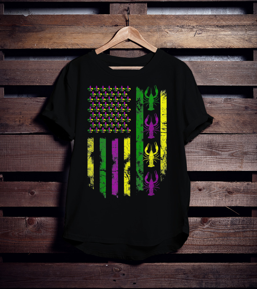 Mardi Gras Fleur-de-Lis Crawfish Flag In Purple Green Gold T-Shirt