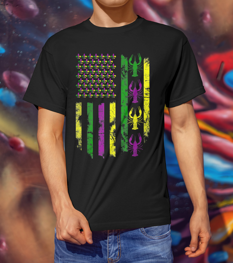 Mardi Gras Fleur-de-Lis Crawfish Flag In Purple Green Gold T-Shirt