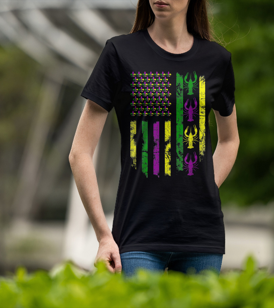 Mardi Gras Fleur-de-Lis Crawfish Flag In Purple Green Gold T-Shirt