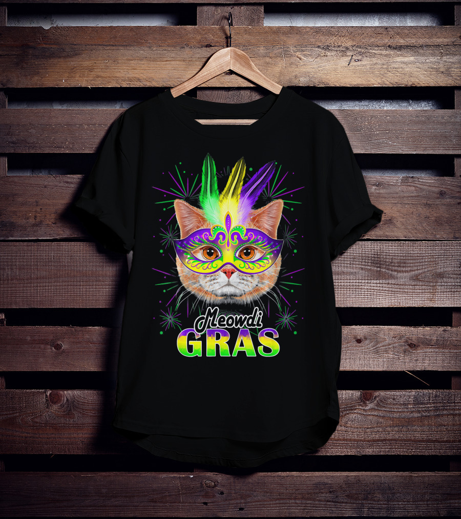 Meowdi Gras Mardi Gras Cat With Colorful Mask And Feathers T-Shirt