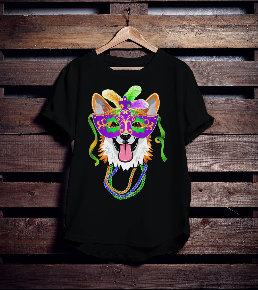 Mardi Gras Corgi Mask With Colorful Beads And Feathers T-Shirt