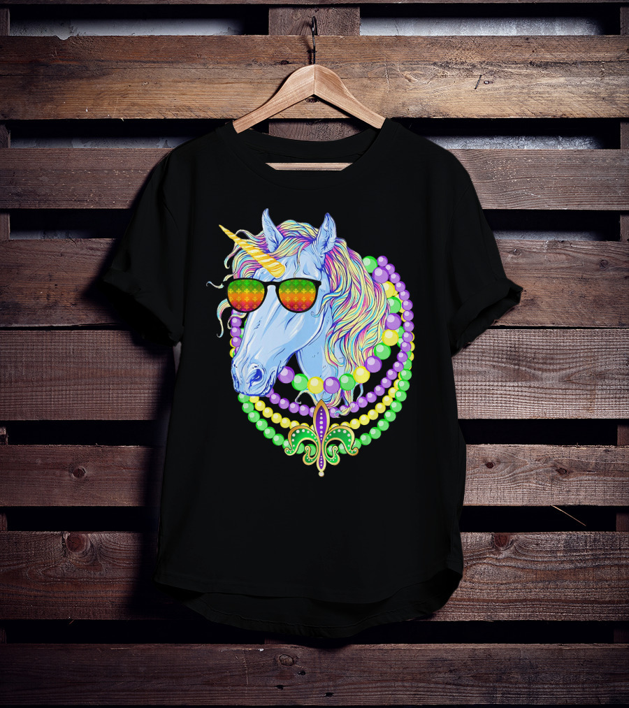 Unicorn With Sunglasses And Colorful Beads Featuring Fleur-de-Lis For Mardi Gras T-Shirt