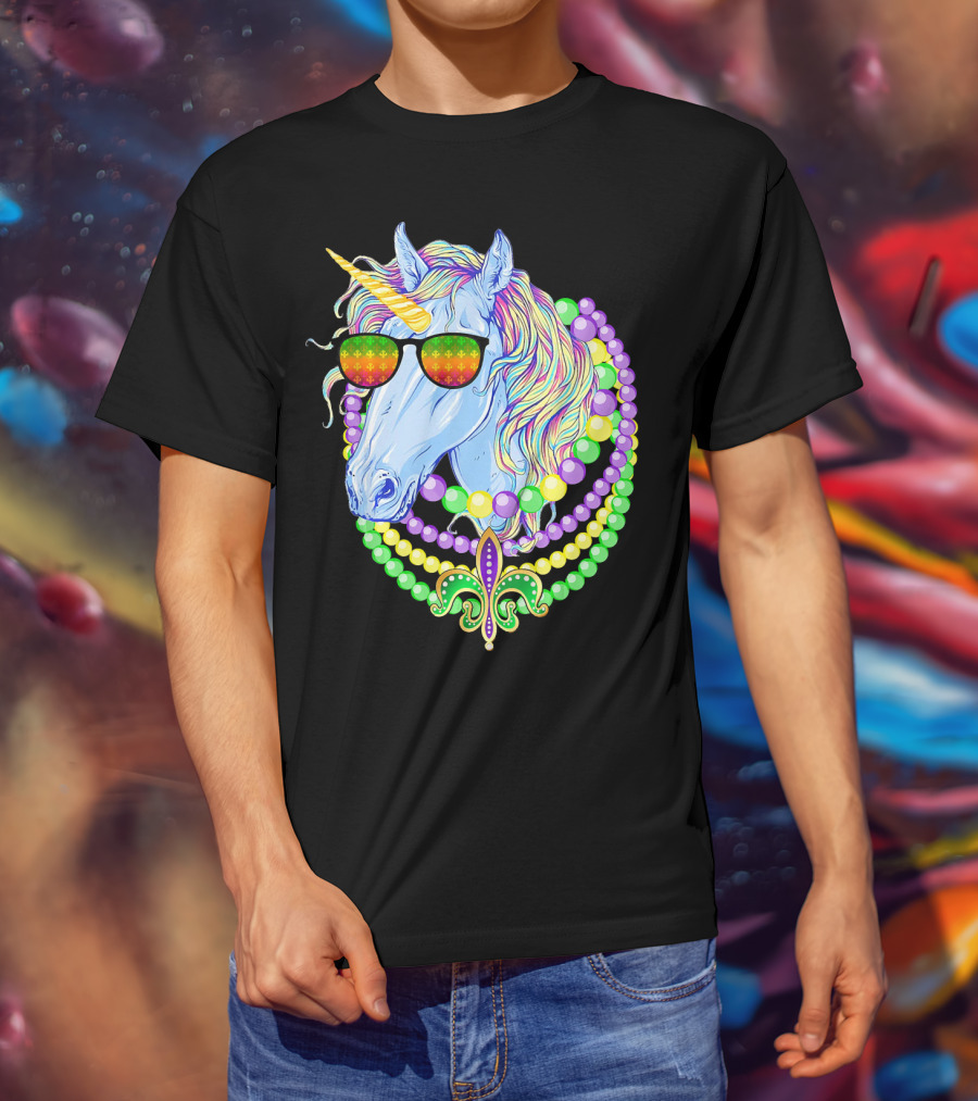 Unicorn With Sunglasses And Colorful Beads Featuring Fleur-de-Lis For Mardi Gras T-Shirt