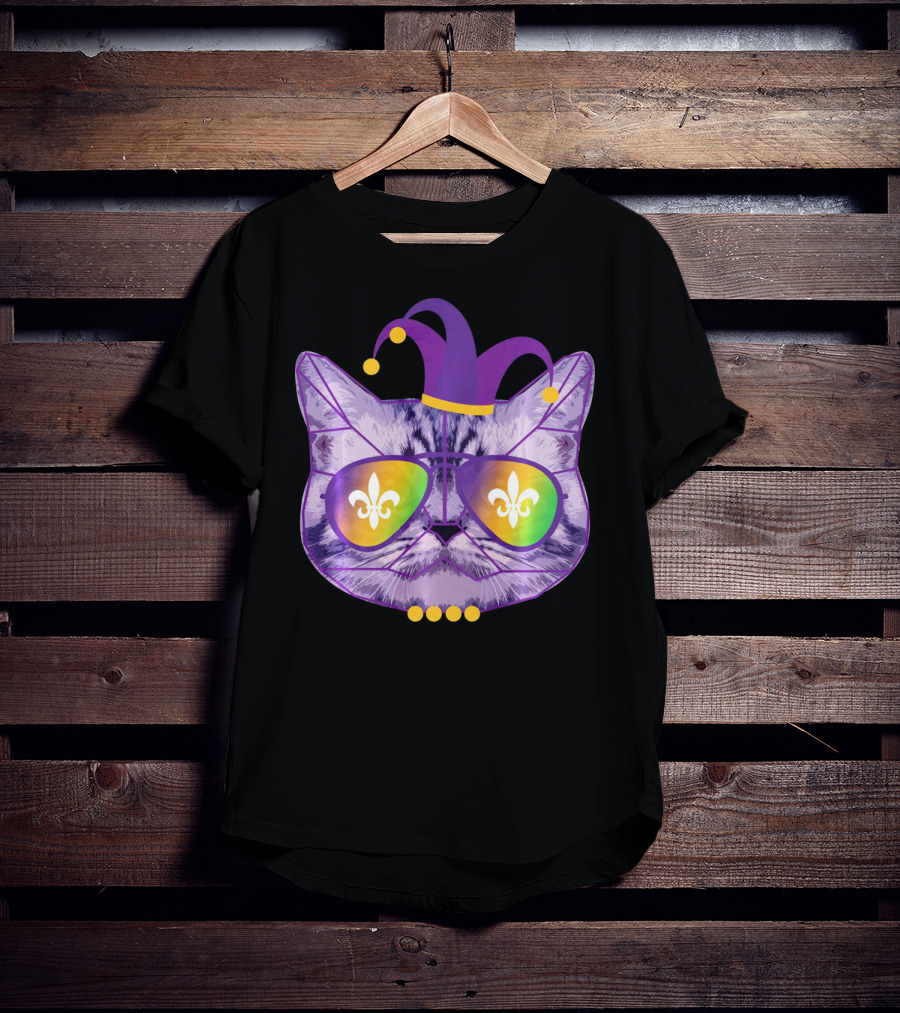 Funny Cat Jester Mask Sunglasses Cat Lover Fleur-de-lis T-Shirt