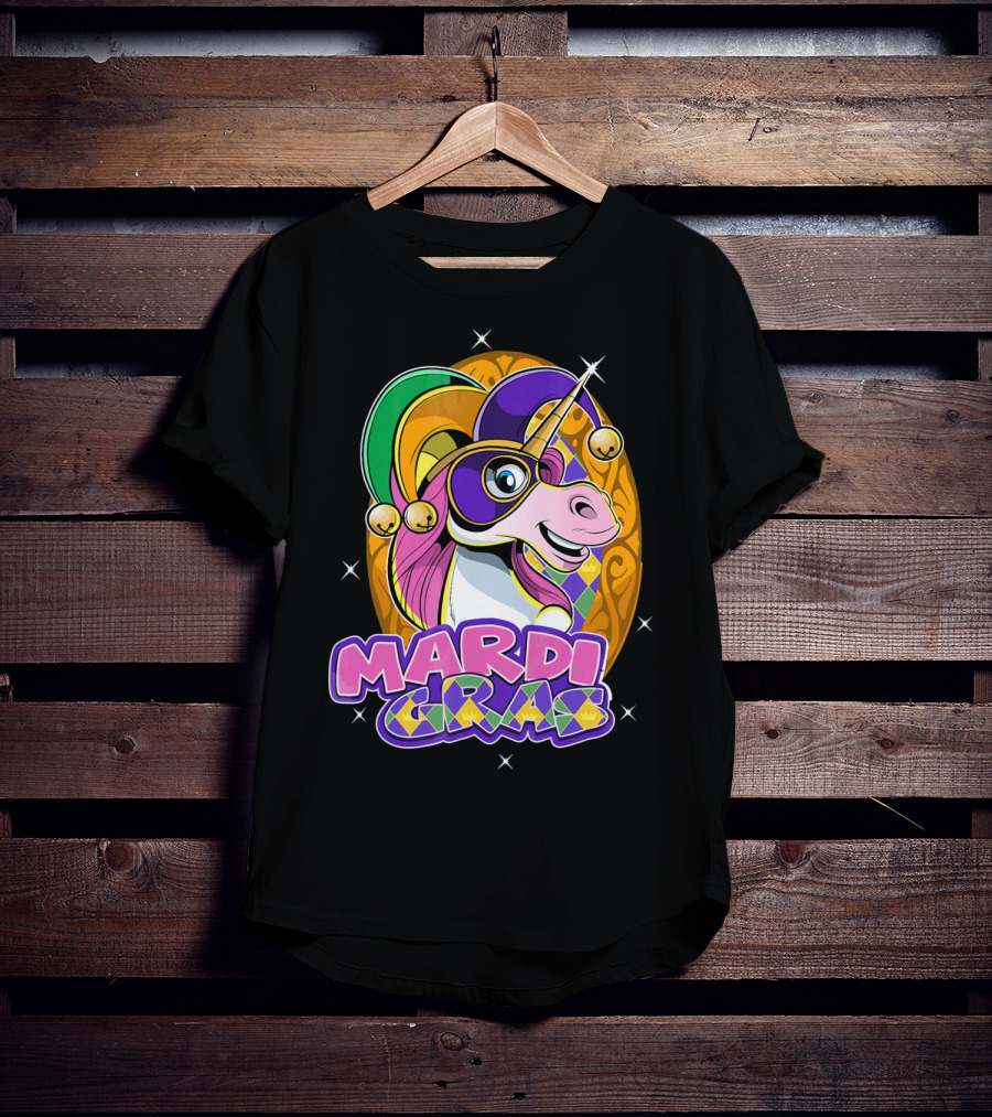 Mardi Gras Unicorn With Jester Hat And Masquerade Mask T-Shirt