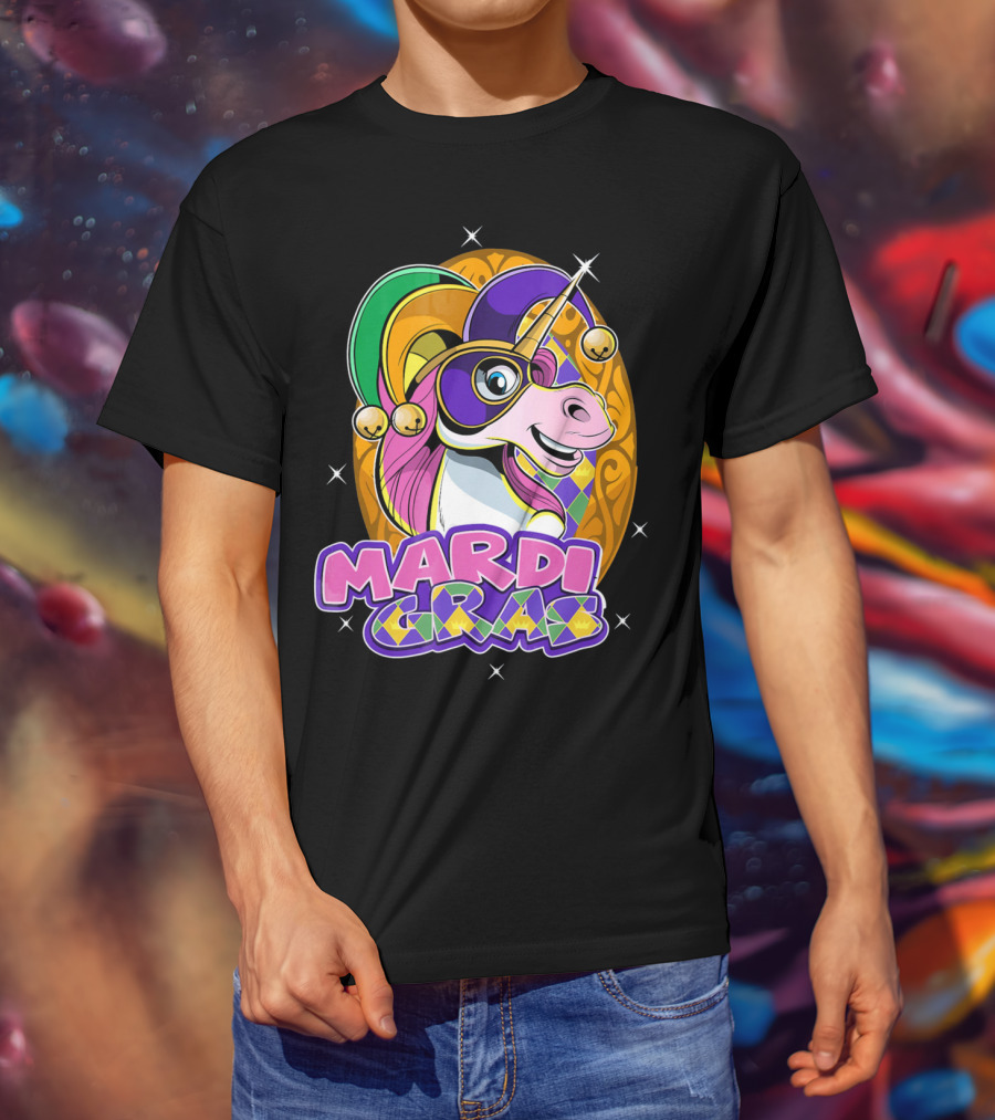 Mardi Gras Unicorn With Jester Hat And Masquerade Mask T-Shirt
