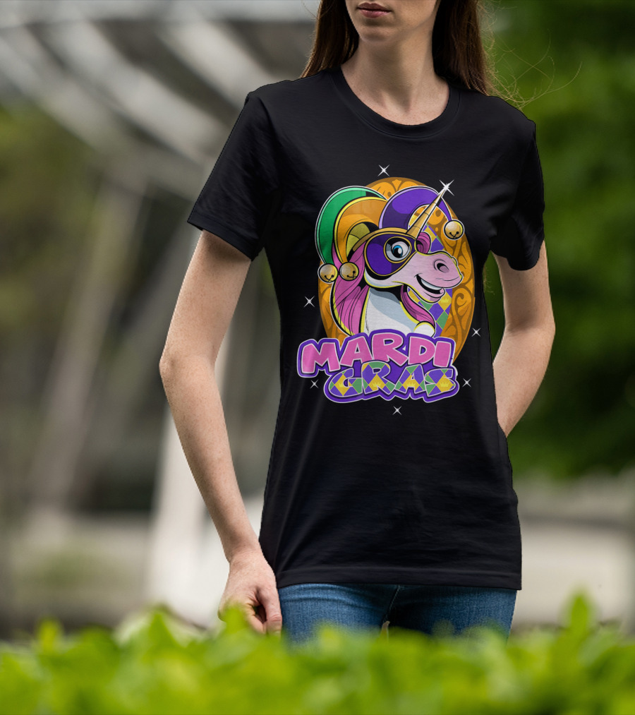 Mardi Gras Unicorn With Jester Hat And Masquerade Mask T-Shirt
