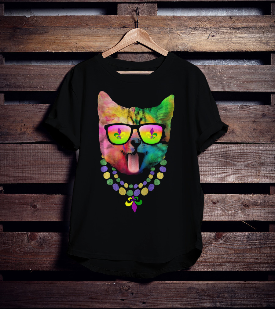 Cool Cat Mardi Gras Costume With Colorful Beads And Sunglasses Fleur-de-Lis T-Shirt