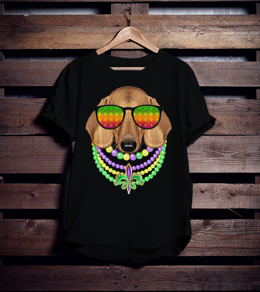 Mardi Gras Dachshund Beads Fleur-de-Lis Sunglasses T-Shirt