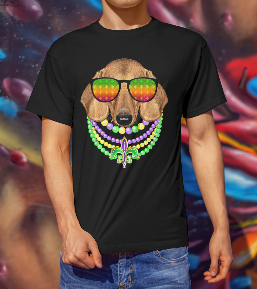 Mardi Gras Dachshund Beads Fleur-de-Lis Sunglasses T-Shirt