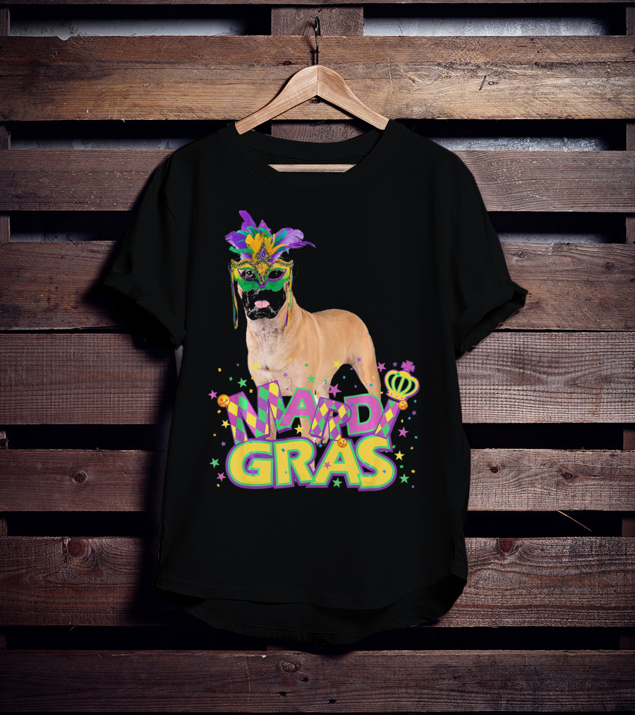Mardi Gras Bullmastiff Mask Feathers Stars T-Shirt