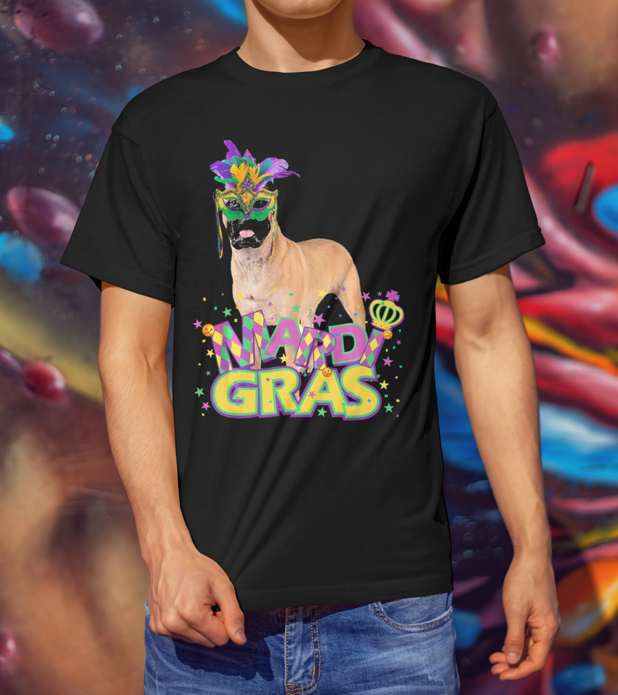 Mardi Gras Bullmastiff Mask Feathers Stars T-Shirt