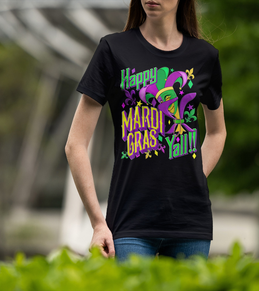 Happy Mardi Gras Yall Jester Mask Fleur De Lis T-Shirt