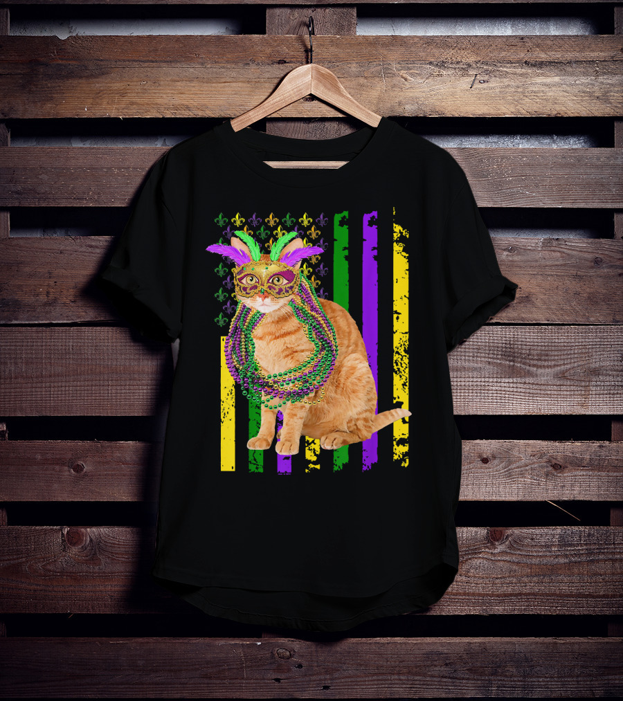Mardi Gras Cat With Beads And Mask On Fleur-de-Lis American Flag Background T-Shirt