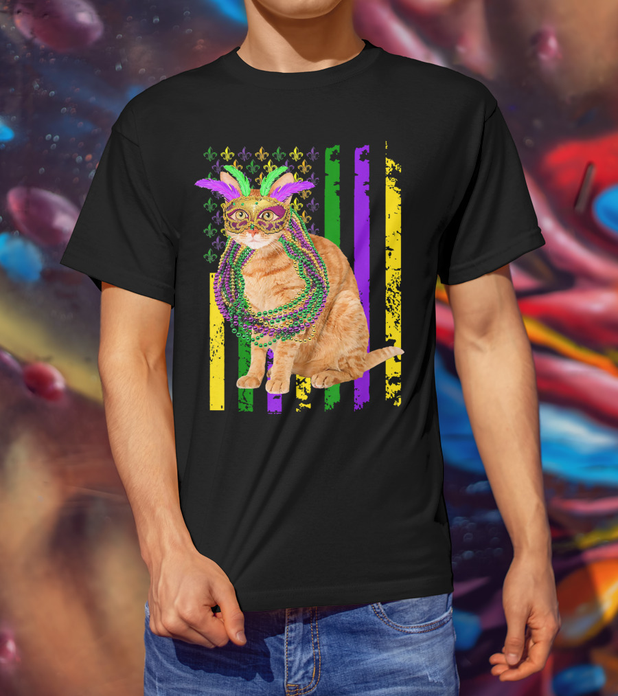 Mardi Gras Cat With Beads And Mask On Fleur-de-Lis American Flag Background T-Shirt