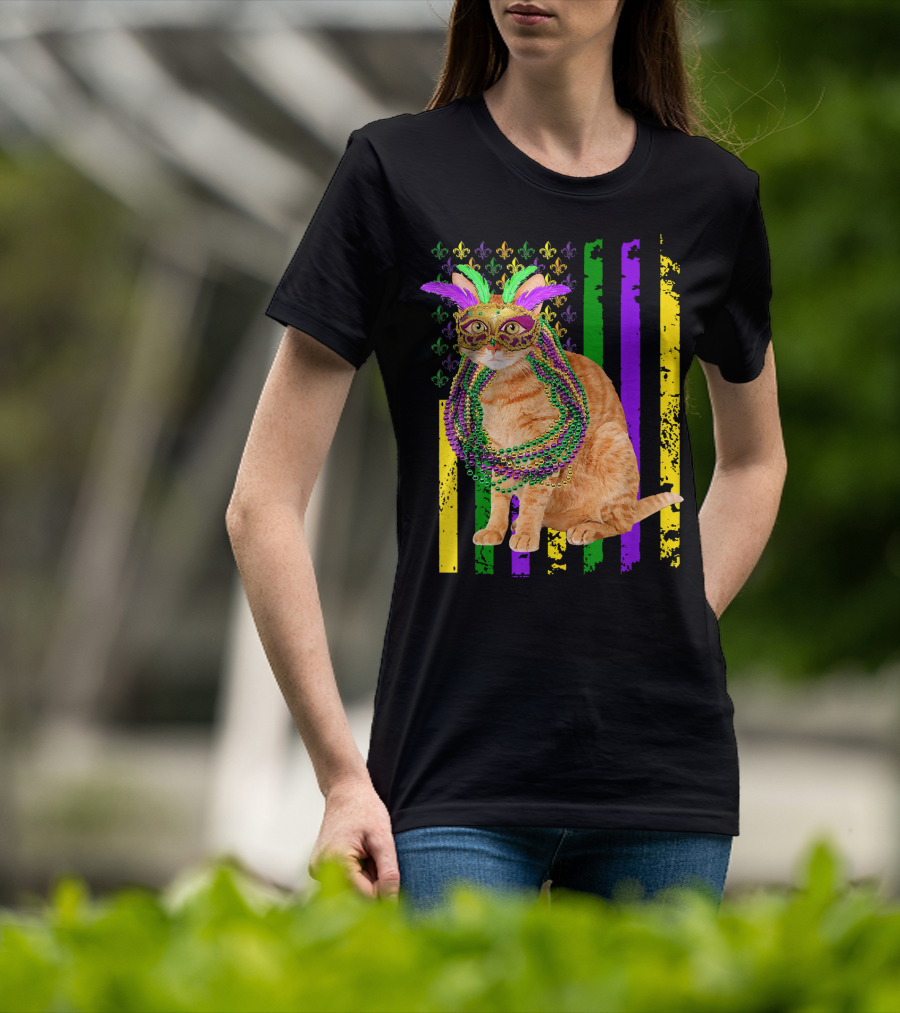 Mardi Gras Cat With Beads And Mask On Fleur-de-Lis American Flag Background T-Shirt