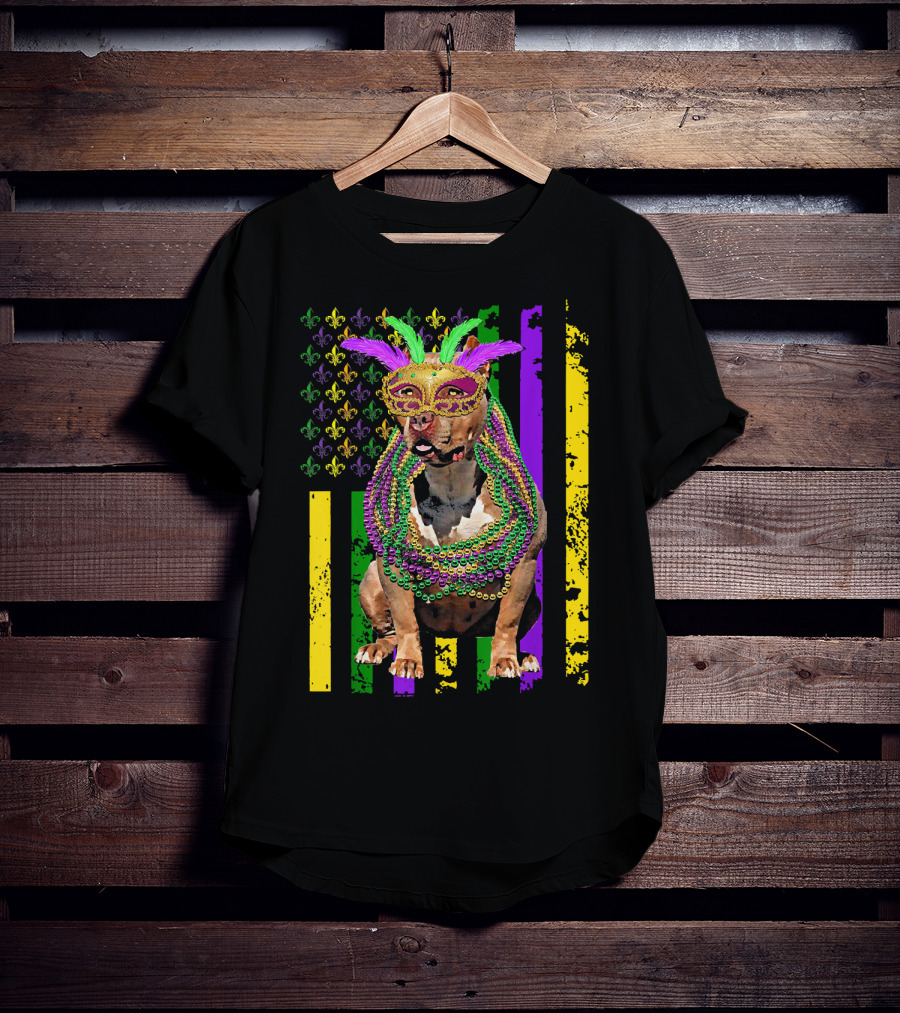 Pitbull Wearing Mardi Gras Beads And Mask With American Flag And Fleur De Lis T-Shirt