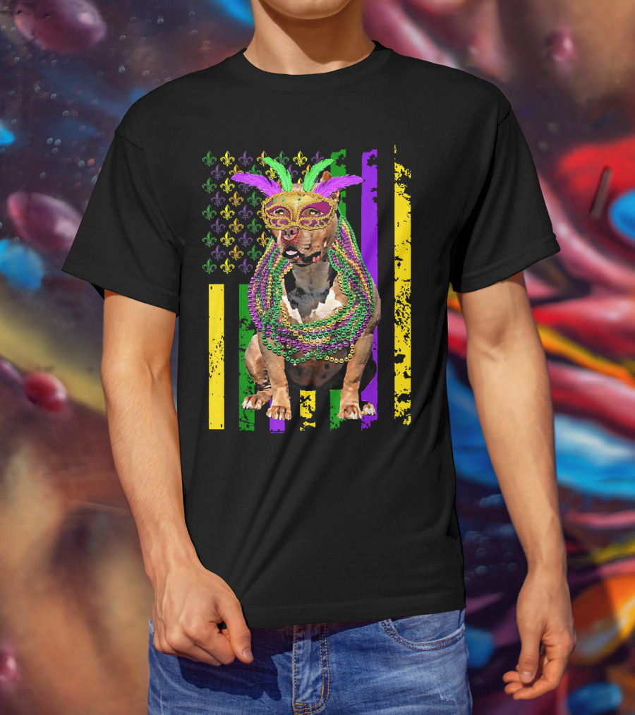 Pitbull Wearing Mardi Gras Beads And Mask With American Flag And Fleur De Lis T-Shirt