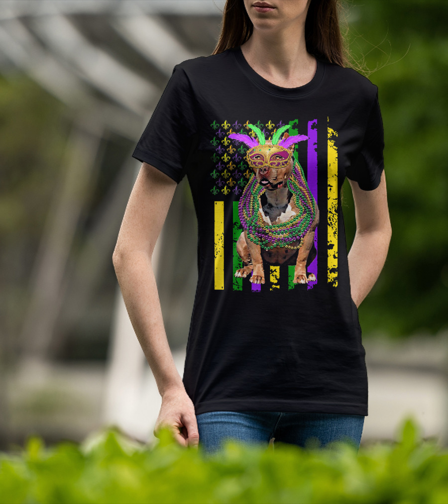 Pitbull Wearing Mardi Gras Beads And Mask With American Flag And Fleur De Lis T-Shirt