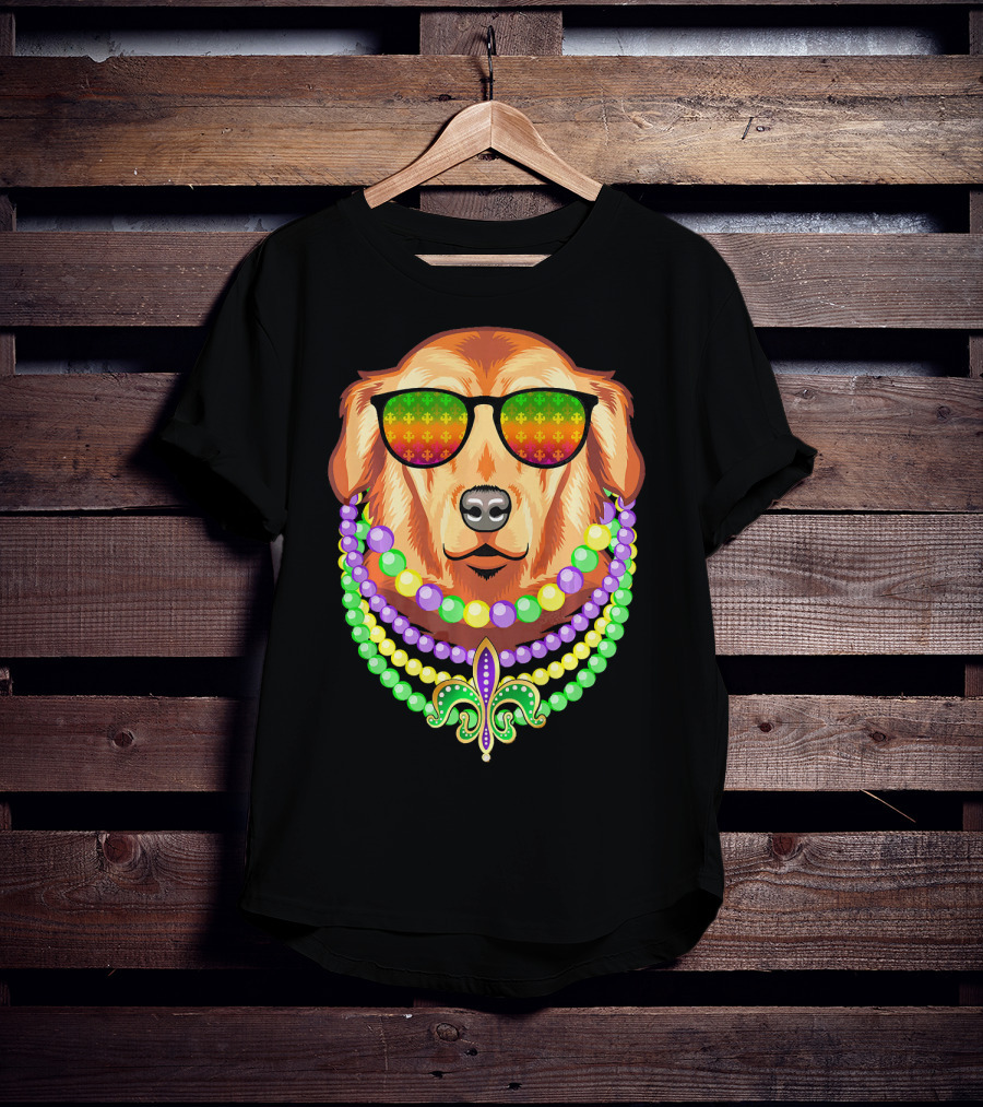 Beads And Golden Retriever Mardi Gras Fleur-de-Lis Colorful Glam Co T-Shirt