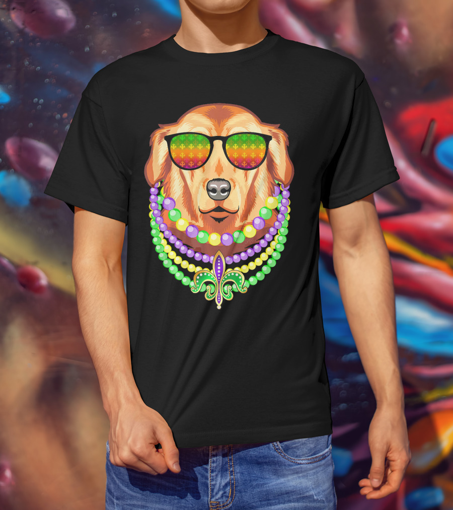 Beads And Golden Retriever Mardi Gras Fleur-de-Lis Colorful Glam Co T-Shirt