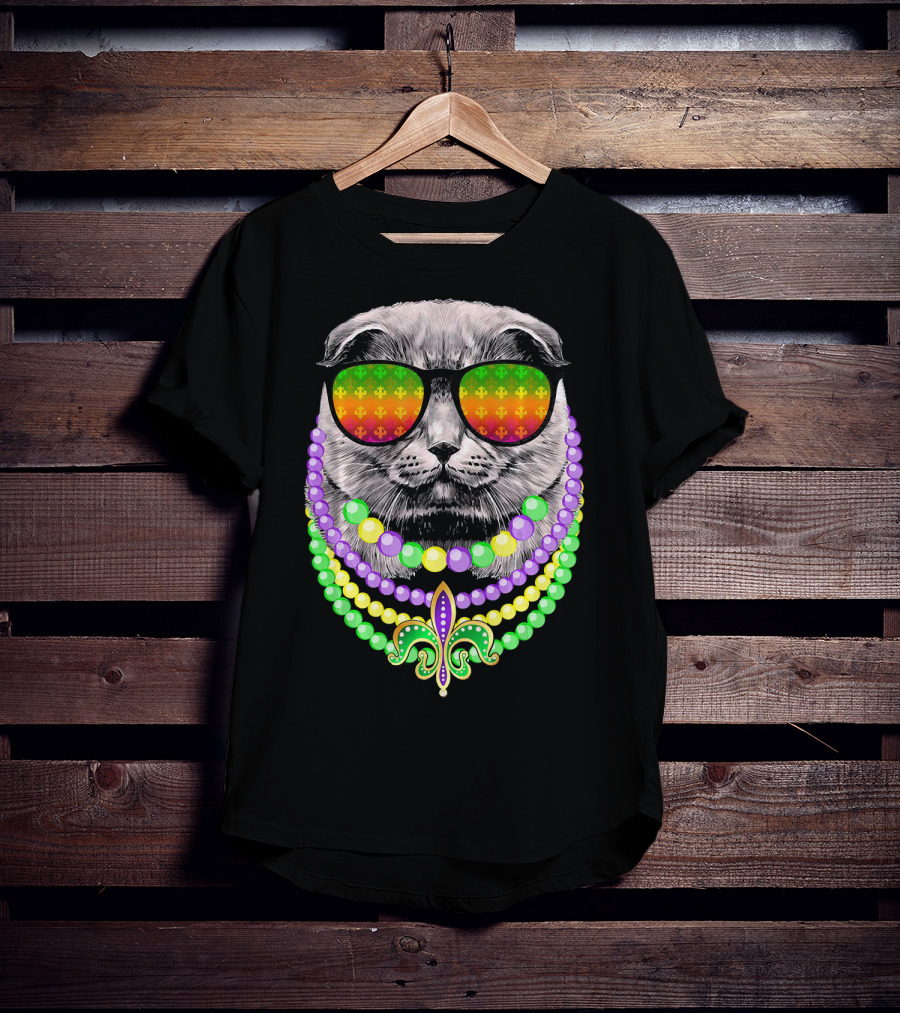 Mardi Gras Cat In Sunglasses With Beads And Fleur-de-Lis T-Shirt