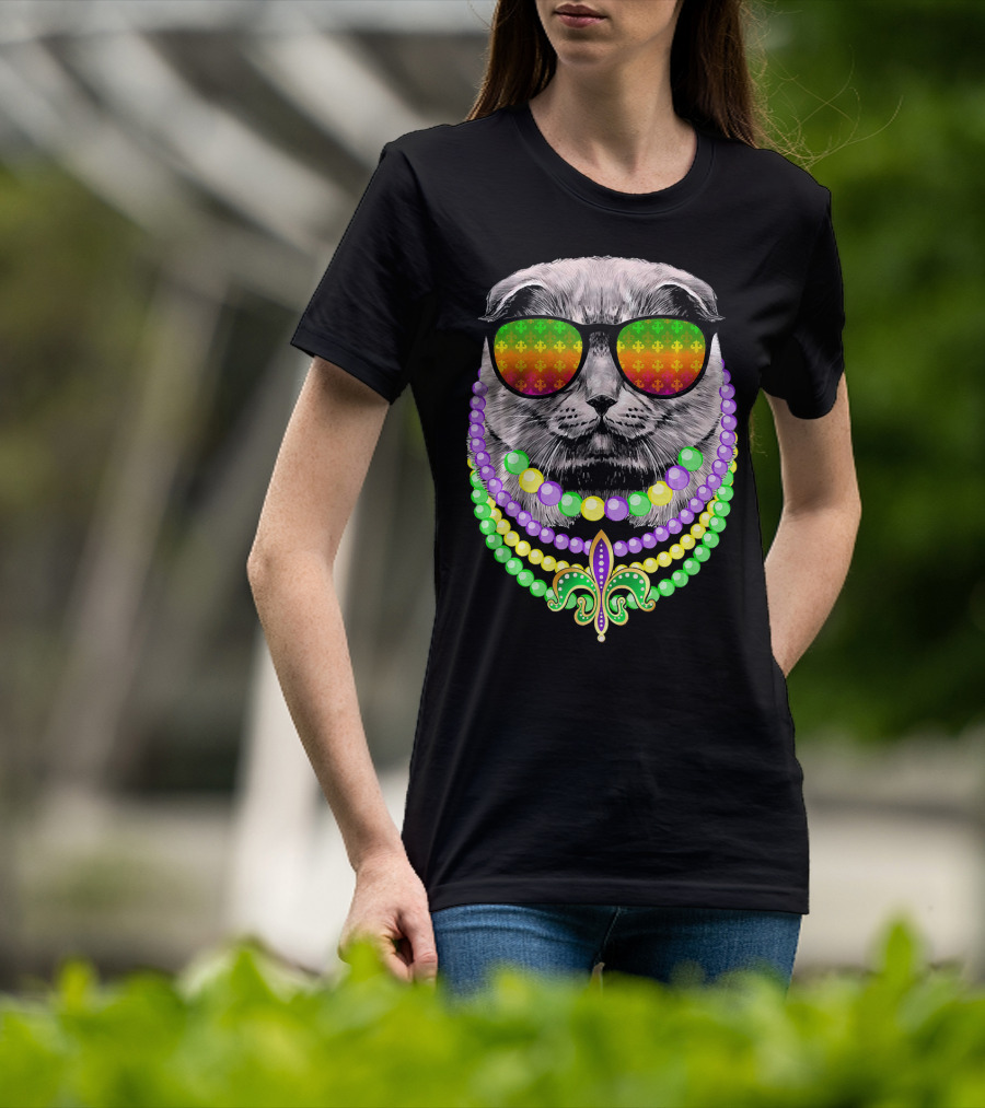Mardi Gras Cat In Sunglasses With Beads And Fleur-de-Lis T-Shirt