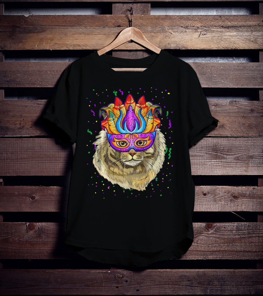 Mardi Gras Maine Coon Cat Colorful Mask Beads Festive T-Shirt
