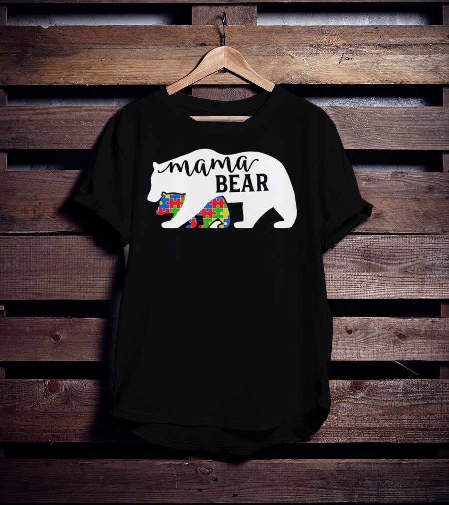 Mama Bear Autism Awareness Month Puzzle Silhouette Fam T-Shirt