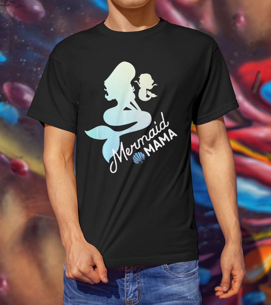 Mermaid Mama Sea Lover With Baby Silhouette And Shell T-Shirt