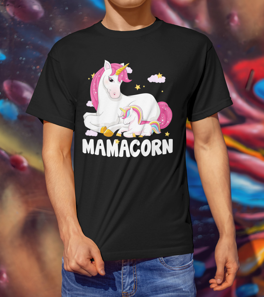 Mamacorn Unicorn New Mom Baby Momm With Stars And Clouds T-Shirt