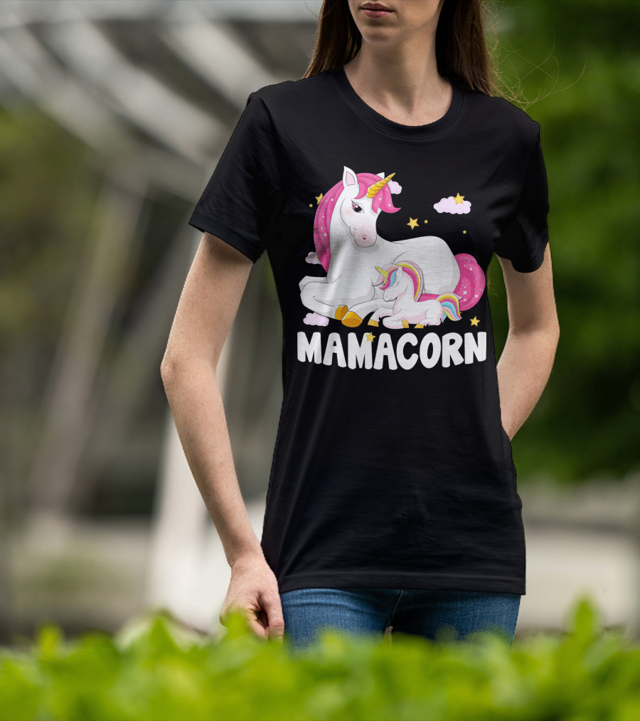 Mamacorn Unicorn New Mom Baby Momm With Stars And Clouds T-Shirt